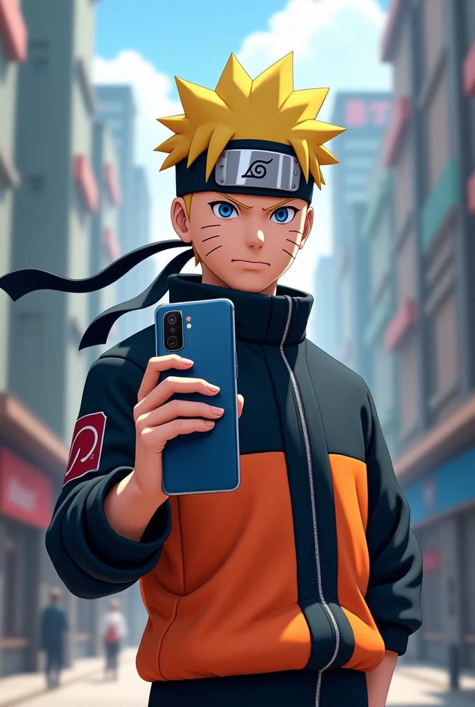 Naruto is wearing an Oppo uniform while carrying a Reno 12 cellphone and offering it