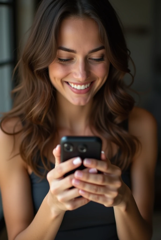 Sitting on a penis facing the phone screen, face with great pleasure, brunette with brown wavy hair