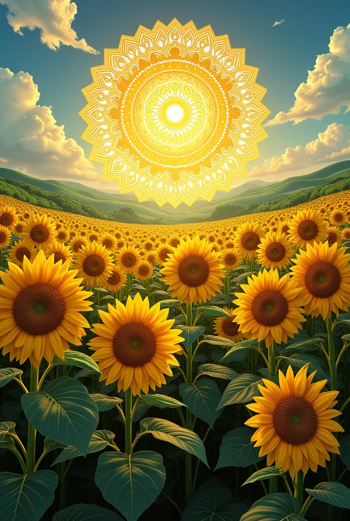 Lots of Sunflower in brown and green colour
Filled with mandala