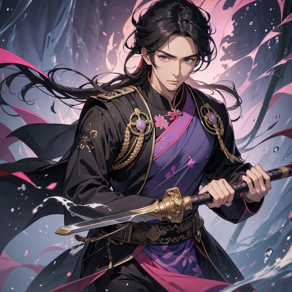 A Handsome black-haired male general holding a large sword in black-pink ancient Chinese general costume, the back-violet is a lush green bamboo forest. the air after rain has water droplets splashing around, close up.