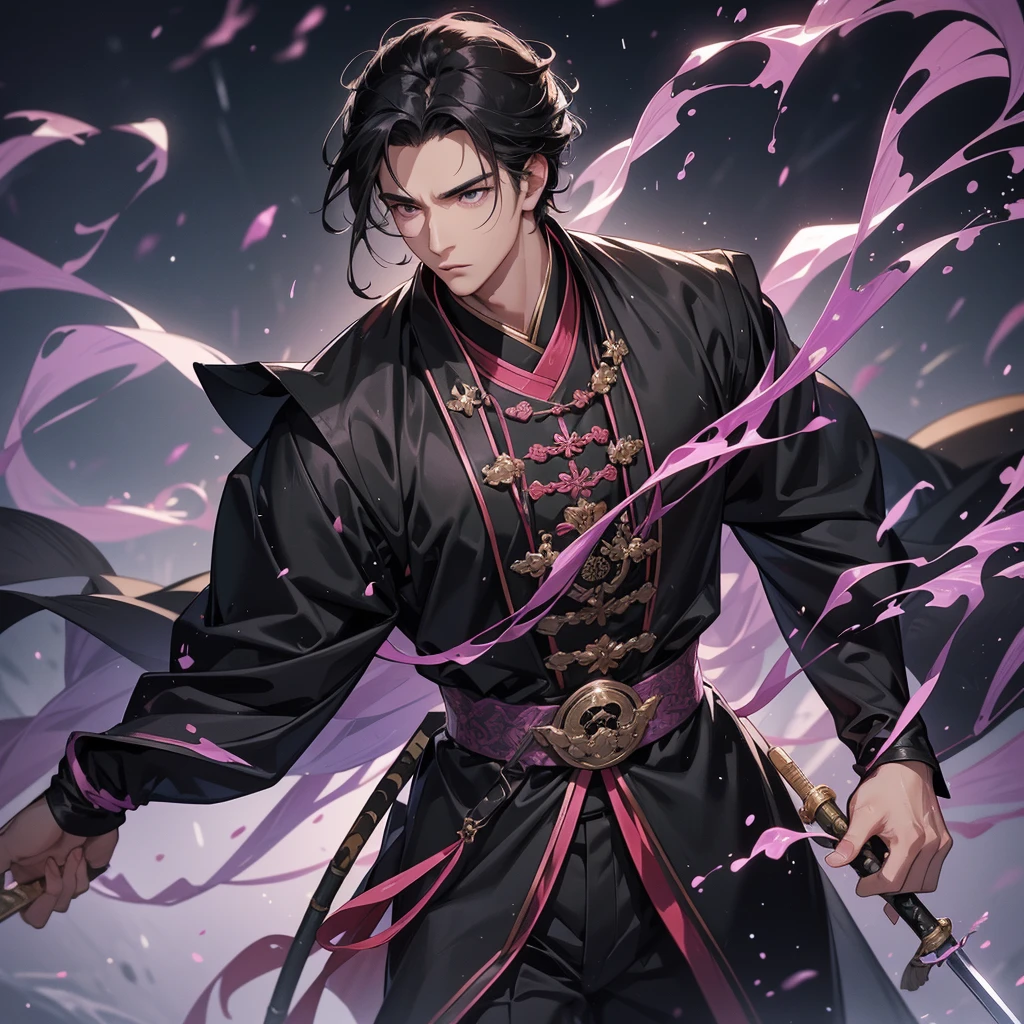 A Handsome black-haired male general holding a large sword in black-pink ancient Chinese general costume, the back-violet is a lush green bamboo forest. the air after rain has water droplets splashing around, close up.