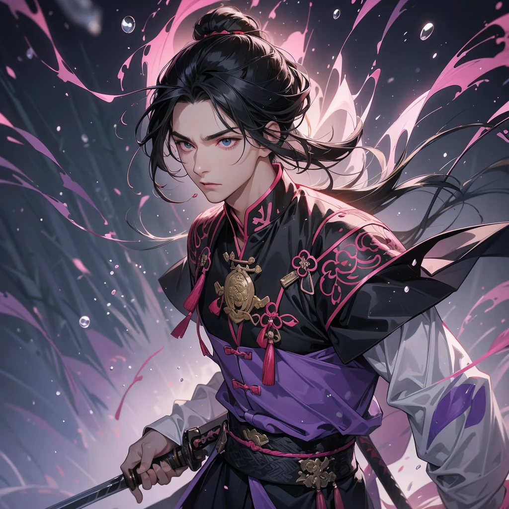 A Handsome black-haired male general holding a large sword in black-pink ancient Chinese general costume, the back-violet is a lush green bamboo forest. the air after rain has water droplets splashing around, close up.