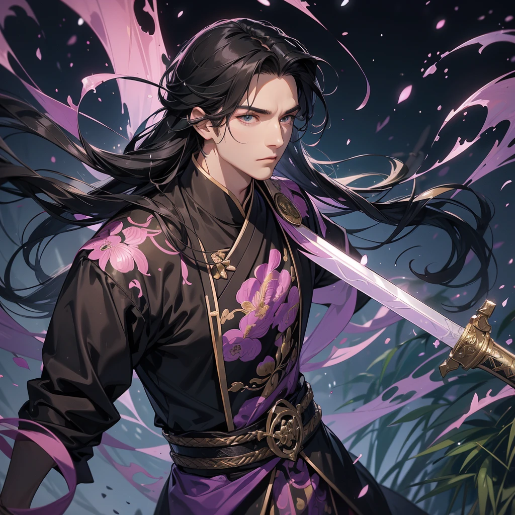 A Handsome black-haired male general holding a large sword in black-pink ancient Chinese general costume, the back-violet is a lush green bamboo forest. the air after rain has water droplets splashing around, close up.