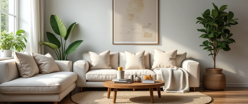 Stylish Living Room with Wellness Touches:
A beautifully decorated living room featuring cozy furniture, elegant decor, and wellness elements like indoor plants, candles, and essential oil diffusers. The scene exudes a calm and inviting atmosphere.