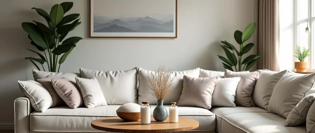 Stylish Living Room with Wellness Touches:
A beautifully decorated living room featuring cozy furniture, elegant decor, and wellness elements like indoor plants, candles, and essential oil diffusers. The scene exudes a calm and inviting atmosphere.