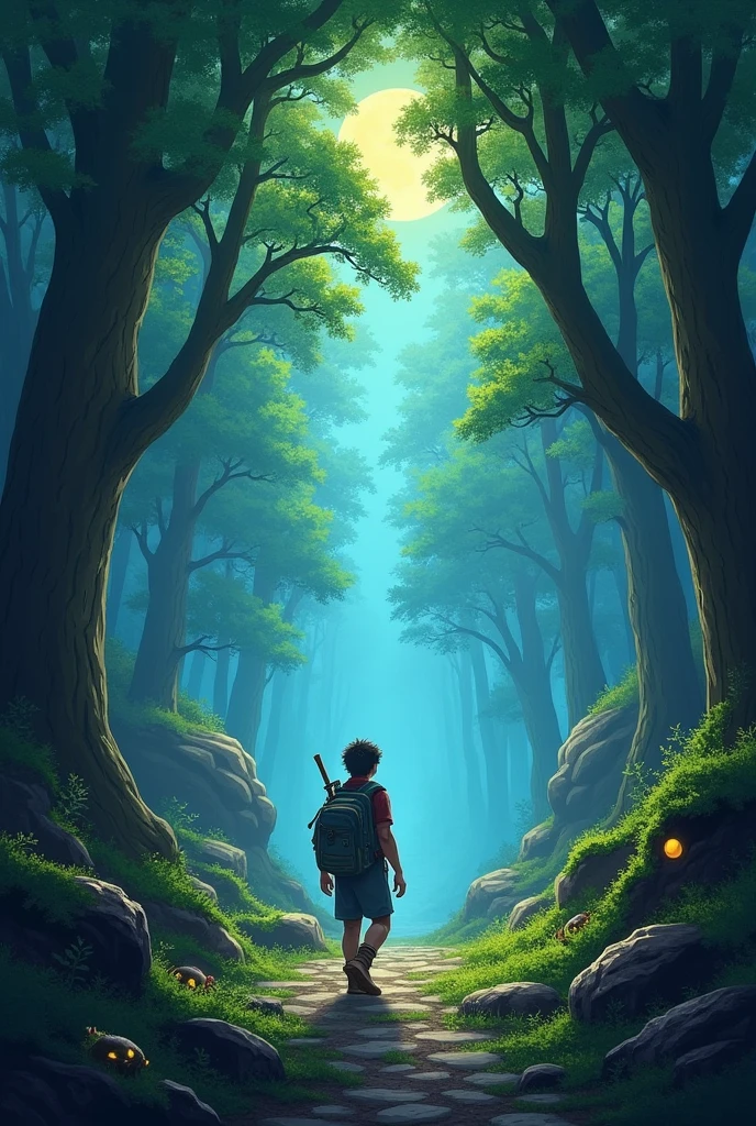 A lone adventurer stumbles upon a hidden clearing within a mystical forest, bathed in ethereal moonlight. Towering trees with glowing leaves arch overhead, and fantastical creatures peek from behind moss-covered rocks, --v 6 --quality 2