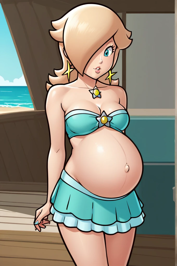 score_9, score_8_up, 1girl, solo, rosalina, style parody, thick outlines, bikini, mini skirt, pregnant belly, big belly, sleeveless, strapless, cleavage, indoors, beach, complete body, perfect