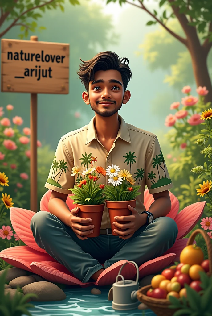 Imagine An indian 18-year old adult boy is sitting on a flower in the midst of flower garden and plants and is holding two flowers in his hands. He is holding two plant tub with two flowers and fruits with his two hands, the boy wears a shirt In which many trees and leaves are painted, He has no mustache but a thin mustache line, a light beard along the jawline, a smile on his face,And behind him is a stream flowing,in his one hand he wear a watch,In front of him is a watering can and some flowers and fruits held up in a basket.An entering board behind him showed "Naturelover_arijit" It is written in big sizes letters.