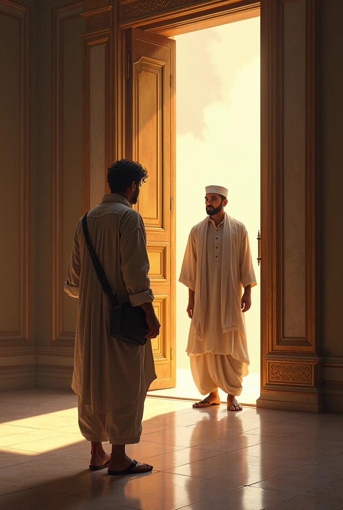 Fiyaaz at Amjad's Mansion
A grand, modern mansion with tall, polished doors. Fiyaaz stands humbly outside in his simple village clothes, looking hopeful and nervous. Amjad, now a wealthy businessman, stands just inside the doorway, looking cold and uninterested as he turns away from his old friend..