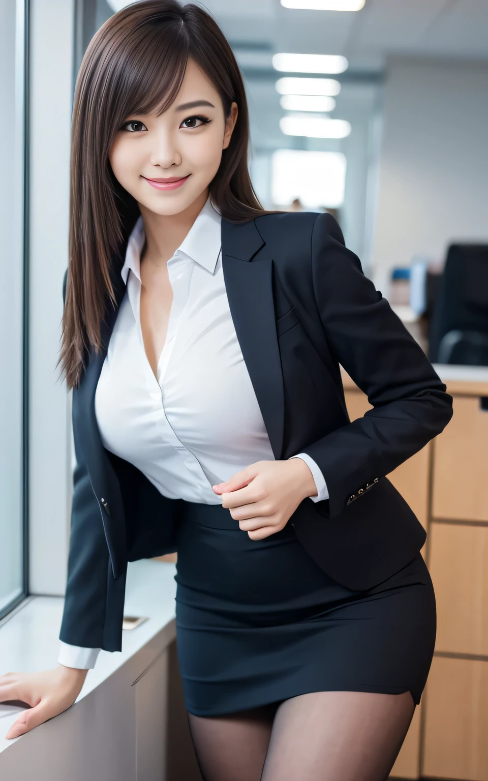 Beauty, high quality, Complete, In detail, High resolution, 8k wallpaper, whole body, Perfect dynamic composition, Beutiful attention to detail, Random costume, Random poses, Charm, Alluring, 20 year's old, office, office lady, suit, seductive smile