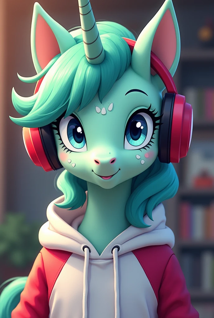 Adult 2D anime style male alicorn pony with mint green fur,white freckles,blue eyes,white sweatshirt with red sleeves,red gamer headphones,cutiemark the musical note