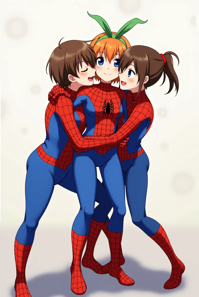Yotsuba nakano short orange hair, green ribbon on the head in the shape of a rabbit,blue eyes, at 2, full body, more adult and wearing a spiderman suit and a 2 brown-haired adult, brown eyes with white spiderman spiderman suit and kissing her
