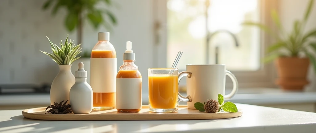 Morning Routine with Wellness Products:
A close-up shot of a well-lit kitchen or bathroom counter featuring a selection of wellness products, such as supplements, skincare items, and a freshly made smoothie or herbal tea. Include a few decorative elements like a plant or a stylish mug to tie it all together.