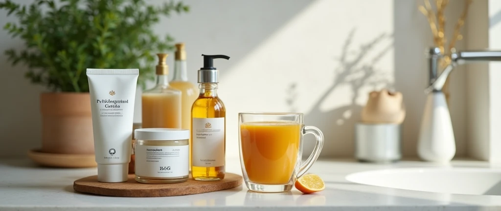 Morning Routine with Wellness Products:
A close-up shot of a well-lit kitchen or bathroom counter featuring a selection of wellness products, such as supplements, skincare items, and a freshly made smoothie or herbal tea. Include a few decorative elements like a plant or a stylish mug to tie it all together.