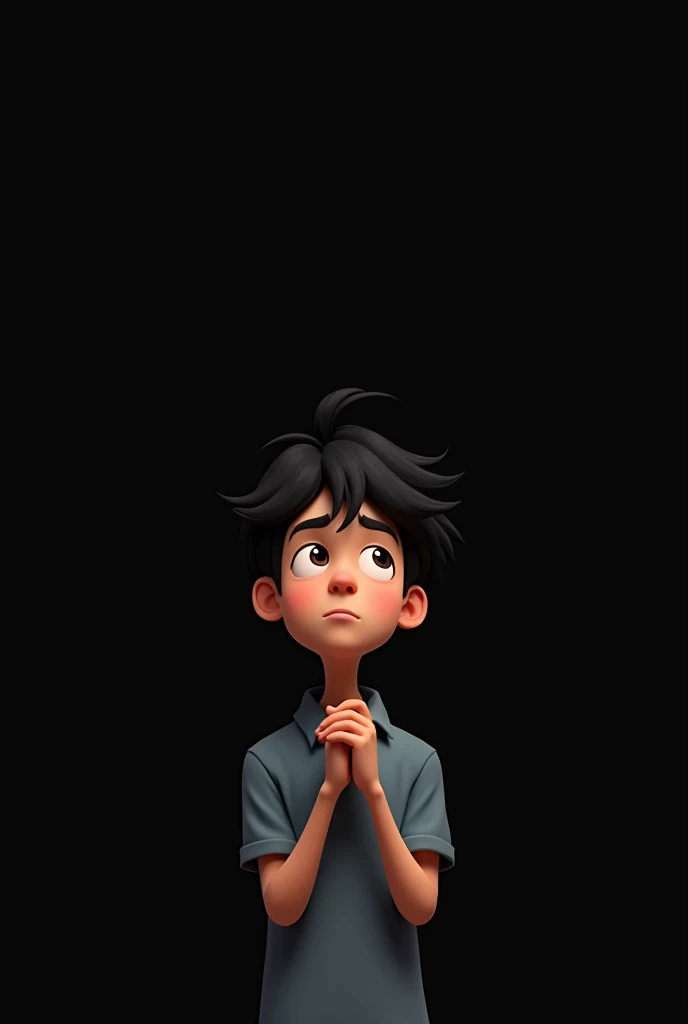A 2D animated character of a matured boy with black background folding his hands and looking upwards