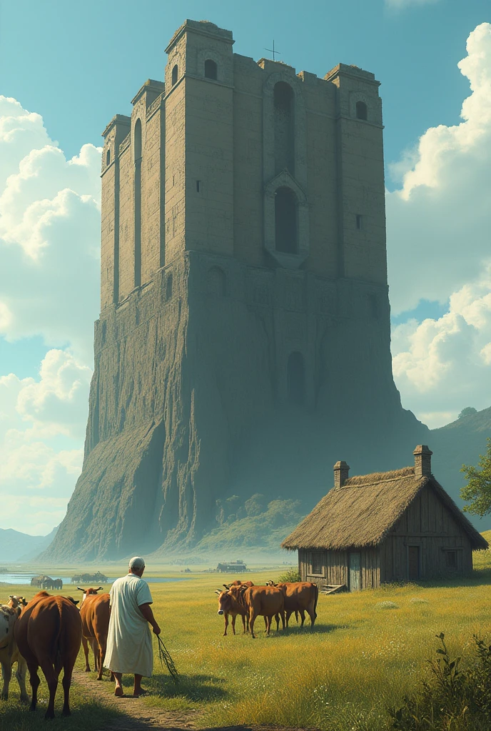 On the side of the field, a huge long cowshed is visible, the cowshed is so tall that one cannot see from one side to the other.
The house was made of mud walls and thatch.
An old man was feeding grass to cows in front of the cowshed. The old man was wearing white clothes.
Behind the cowshed was a river. Here the tall cowshed would dominate.