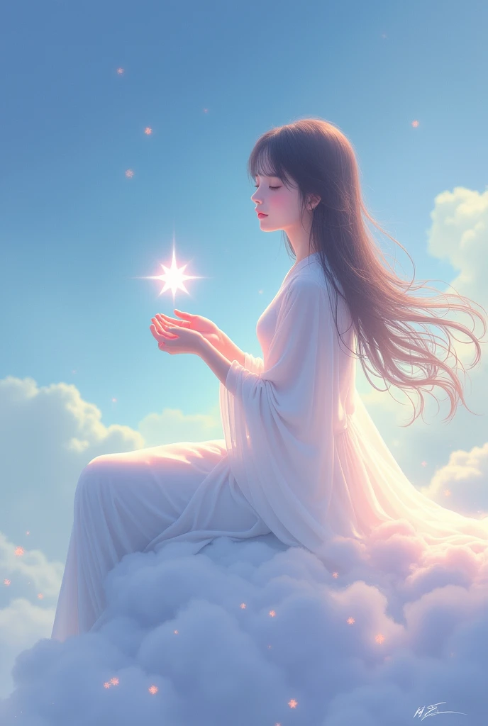 一个日本美麗年轻of女孩，With soft, flow hair, Wearing white, flow, Long dress, No accessories, Side View, 坐在蓬松of云朵上. 艺术品应该有柔和of, 柔和of色彩混合蓝色, of, and pinks. The image should be of the best quality, Extremely detailed, 实际of, and photo实际of. The artistic style should be based on portraits. 灯光应该营造柔和of, Dreamy atmosphere.Girls should close their eyes，握住一颗明亮of星星.