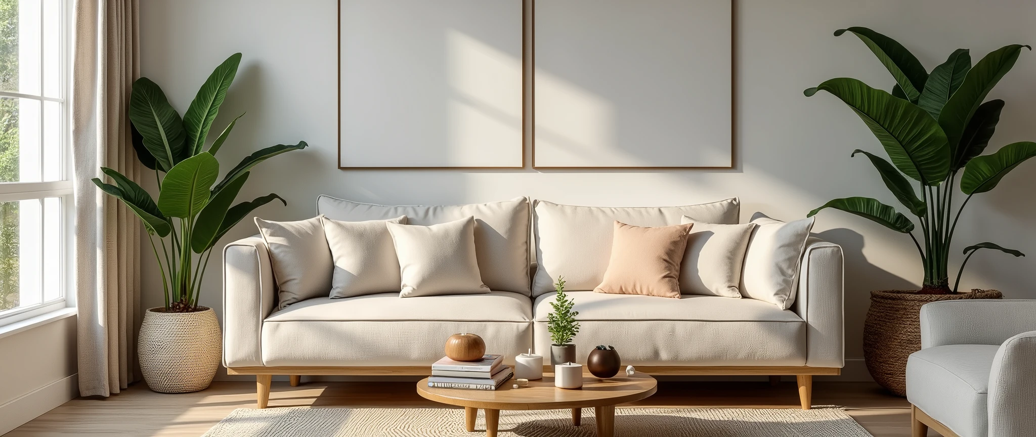 Stylish Living Room with Wellness Touches:
A beautifully decorated living room featuring cozy furniture, elegant decor, and wellness elements like indoor plants, candles, and essential oil diffusers. The scene exudes a calm and inviting atmosphere.