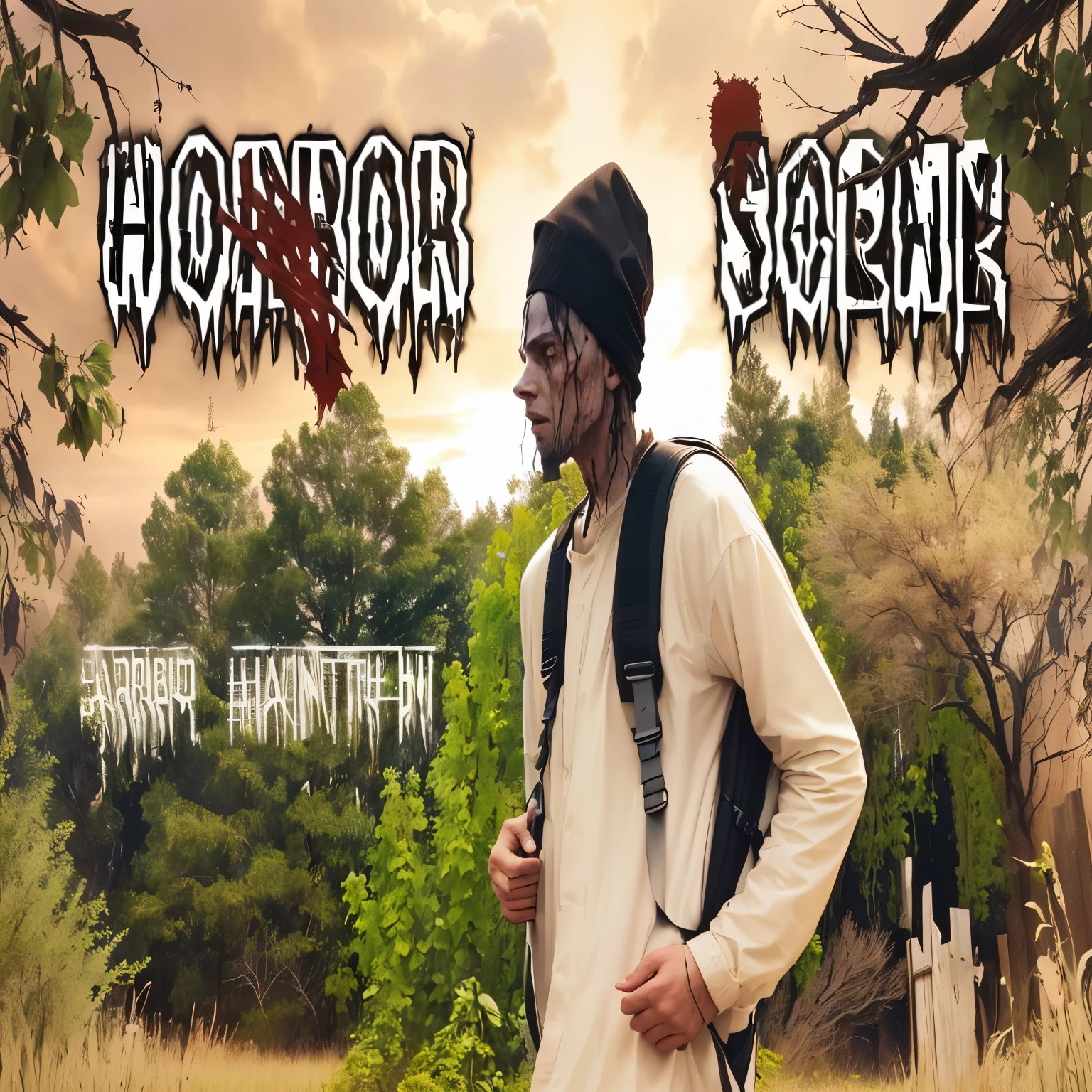 there is a man standing in a field with a backpack, horror scary terror, arham horror, horror sccene, horror scene, horror theme, horror setting, horror film, horror, scary scene, inspired by Sarper Baran, horror image, horor, horror themed, terror, feeling of grimdark horror, big budget horror movie scene, horror movie scene