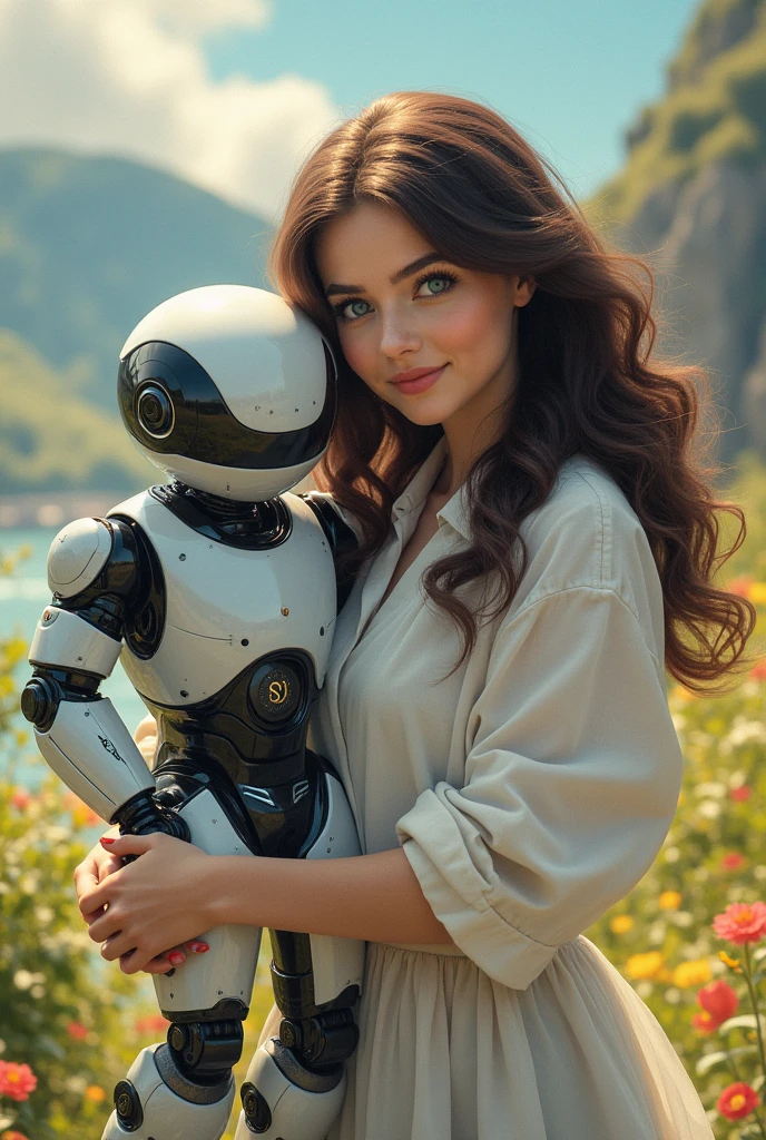 Beautiful brunette, which carries a big robot (22 ans, innocent face, naturally wavy hair, blue eye),
((Solfio auf dom Haut du corps, a happy one)).
chot-da#39:@uvro. better quality, ultra-detail,