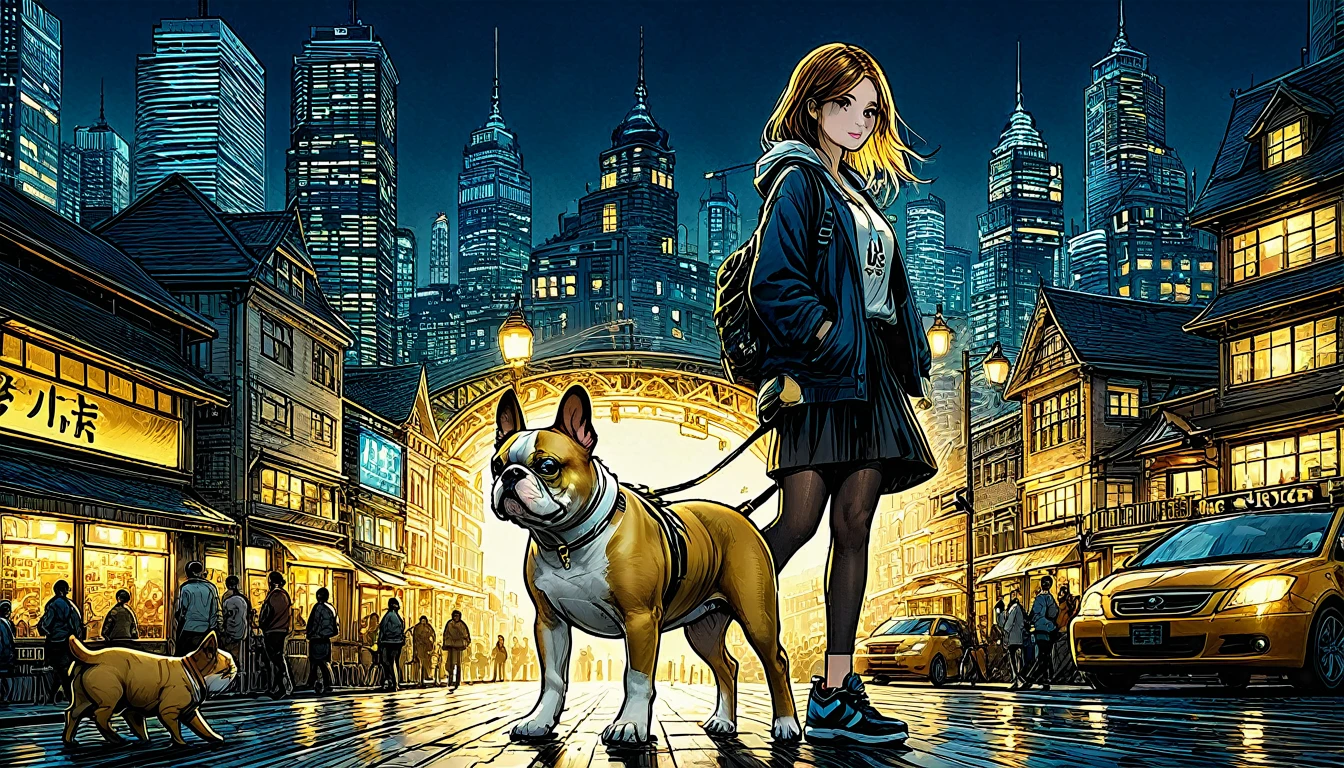 City hustle and bustleでの散歩,ブルドッグ1Animals, (((Symbolism))), 32K, Super detailed, flame, (((A woman and her bulldog puppy1Animals))), Sparkling eyes, Golden, Panorama, Long Shot, front,Super detailed cat, Highest quality, masterpiece,Built using the Golden Ratio, Awards, Perfect composition, Ultra HD, (((City hustle and bustle)), Detailed Hair, Faint lighting, Perfect beautiful woman, mysterious,T-Shirts,