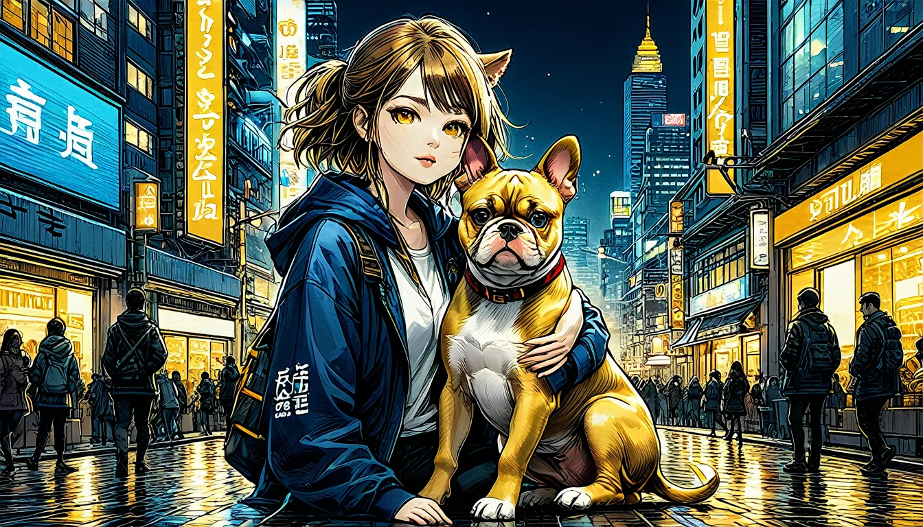 City hustle and bustleでの散歩,ブルドッグ1Animals, (((Symbolism))), 32K, Super detailed, flame, (((A woman and her bulldog puppy１Animals))), Sparkling eyes, Golden, Panorama, Long Shot, front,Super detailed cat, Highest quality, masterpiece,Built using the Golden Ratio, Awards, Perfect composition, Ultra HD, (((City hustle and bustle)), Detailed Hair, Faint lighting, Perfect beautiful woman, mysterious,T-Shirts,