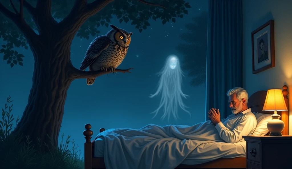 A owl sittings in tree and a middle age। man sitting on a bed at night due sleeplessness ,and A Ghost waiting for attack