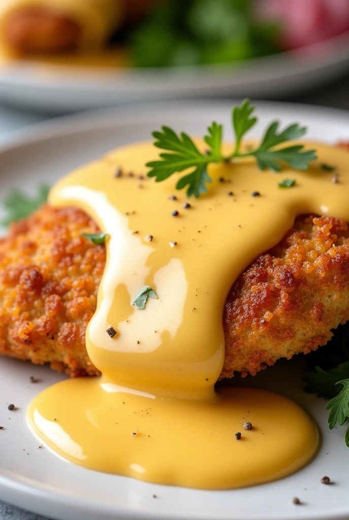 Fried Breaded Chicken Breast with Cheese Sauce