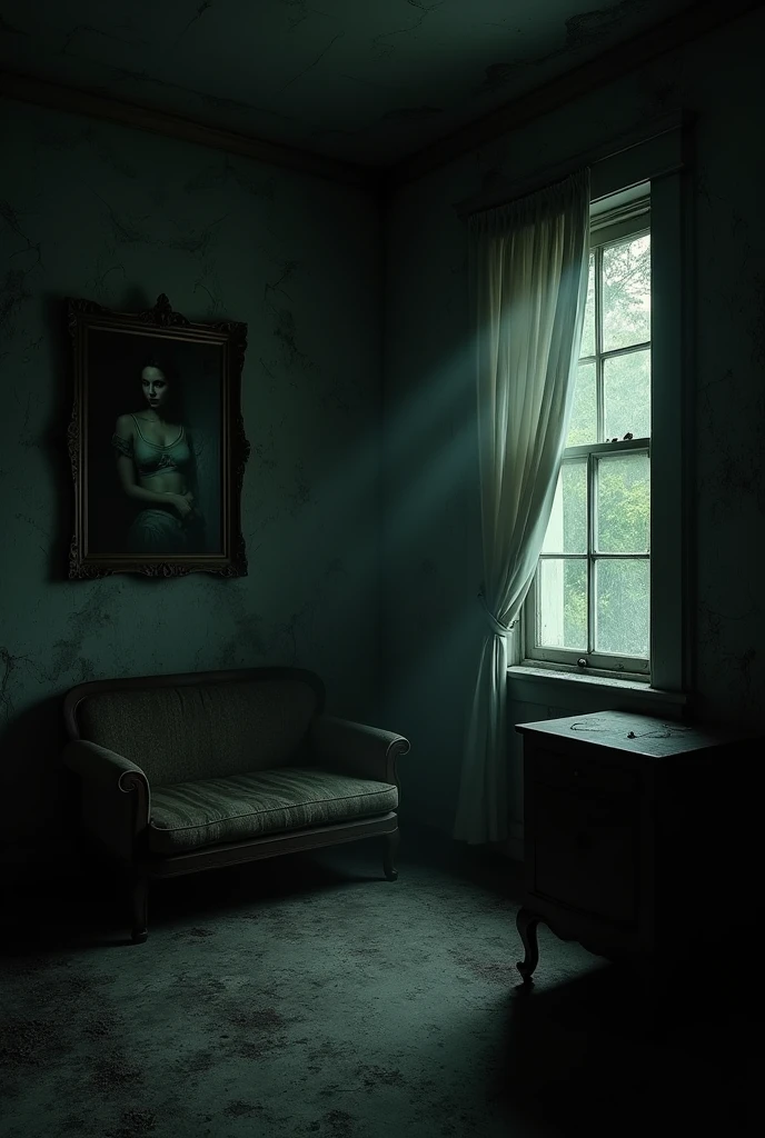"The inside of the old bungalow is dimly lit, with cracked walls, dusty furniture, and cobwebs hanging from the corners. A cracked mirror hangs on one wall, and a faded portrait of a woman stares down from another. The atmosphere is cold and unwelcoming, with shadows pooling in the corners. The overall feel is one of neglect and an eerie sense of something lurking just out of sight."