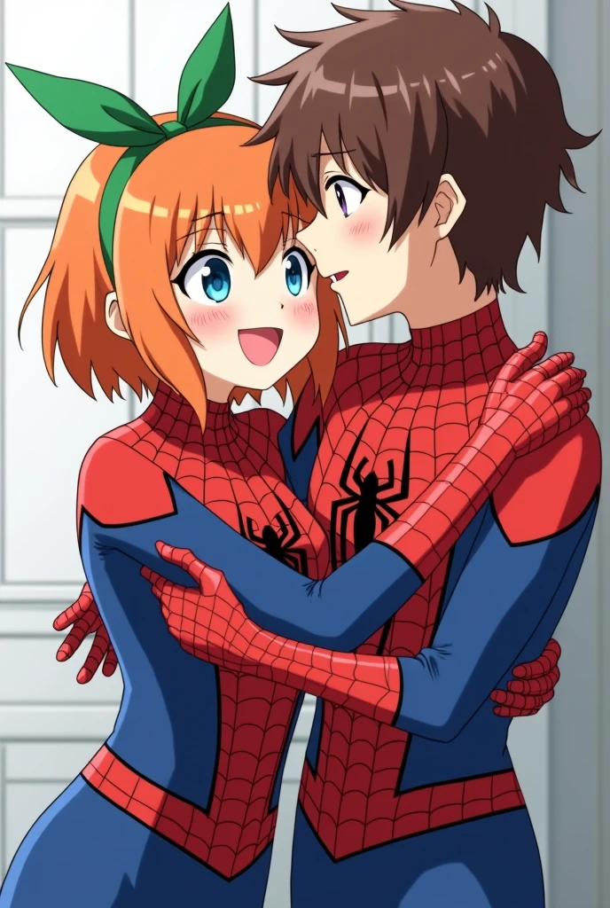 Yotsuba nakano short orange hair, green ribbon on the head in the shape of a rabbit,blue eyes, at 2, full body, more adult and wearing a spiderman suit and a 2 brown-haired adult, brown eyes with white spiderman spiderman suit and hug