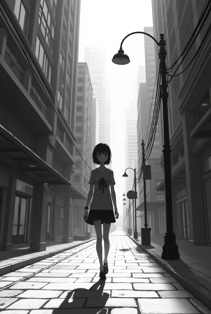 An anime girl with an urban landscape where the girl is walking in black and white with no people around but a little closer the girl looking straight ahead