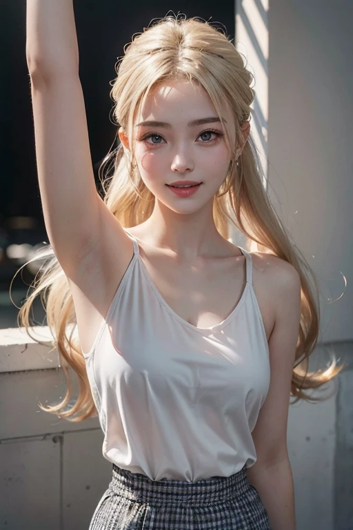 20-year-old woman, blonde, (High Top Fade:1.3), Dark Theme, Calm tone, Calm colors, High Contrast, (Natural skin texture, Hyperrealism, Soft Light, sharp)，whole body，fine，Open your arms，Light Hair Color，Long Hair，Very smiling，Cute clothes，Fluffy clothes
