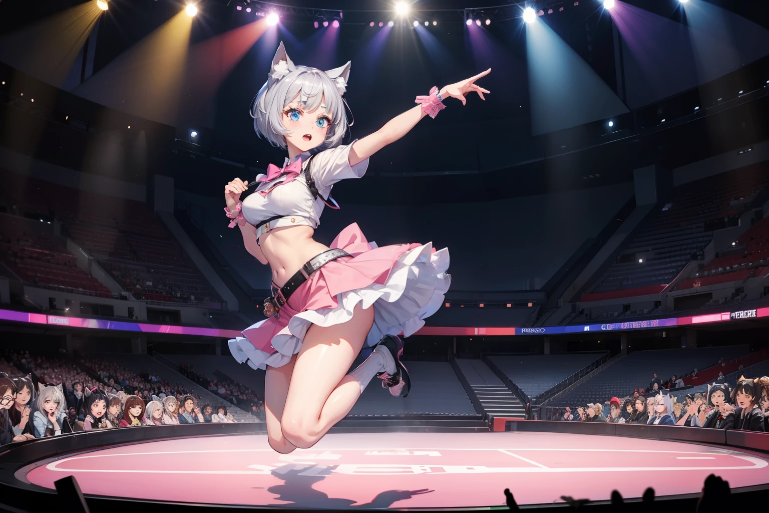 (masterpiece, best quality, High quality) BREAK (perfect anatomy), (expressive eyes, perfect face), 1girl, grey cat ears:1.6, medium hair, grey hair:1.6, pixie cut, big eyes, perfect eyes, blue eyes, thick eyelashes, thin eyebrow, short height, slim bulid, singing, open mouth, blush, medium breasts BREAK cropped idol pink shirt, low-rise idol pink mini skirt, dancing, concert stage BREAK ((night time, night)), (full body), panorama of stage, looking at viewer