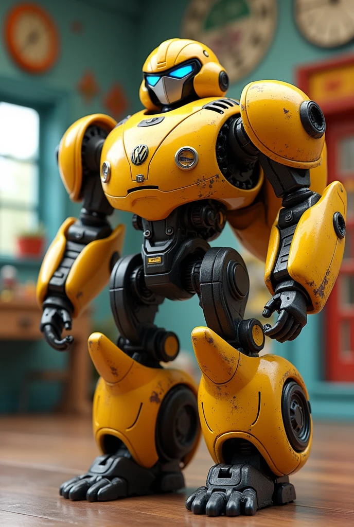 Create an image of Bumblebee Volkswagen turned into a toy-like generation one robot.