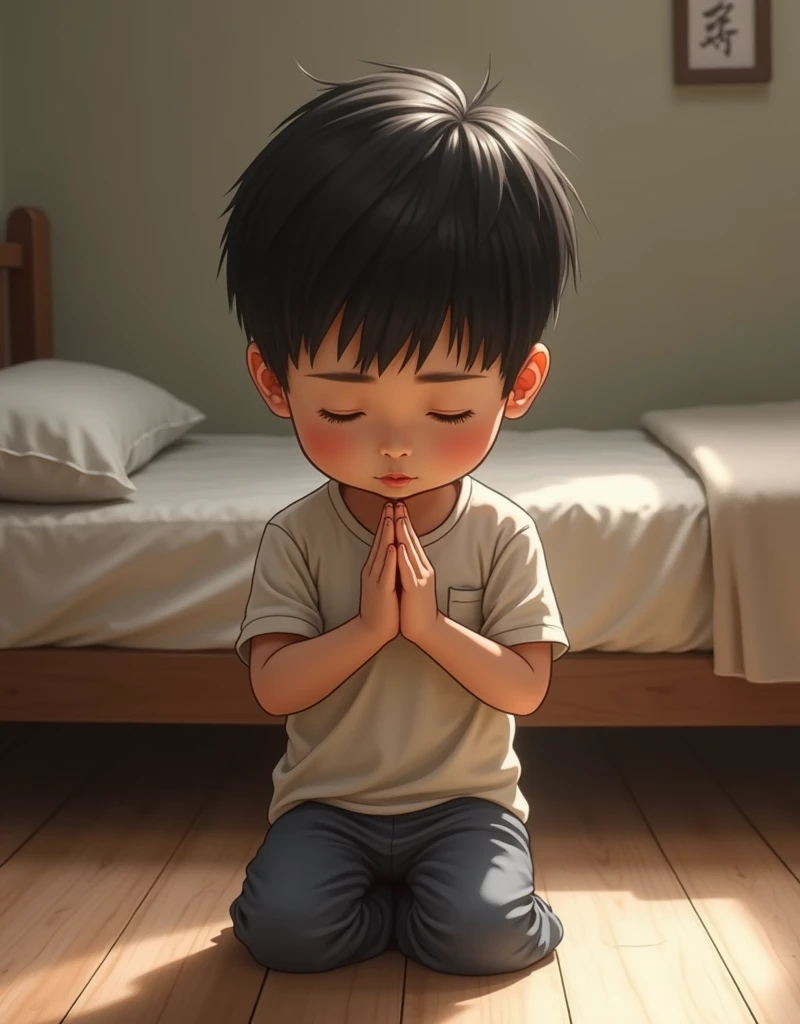 The child kneels in front of the bed and prays devoutly,Black hair Asian kid