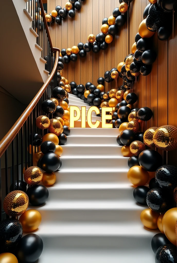 A stair, covered with white cloth, designed with black, gold and disco ball balloons all around, with the letters PICE at the center. The theme is retro or classic