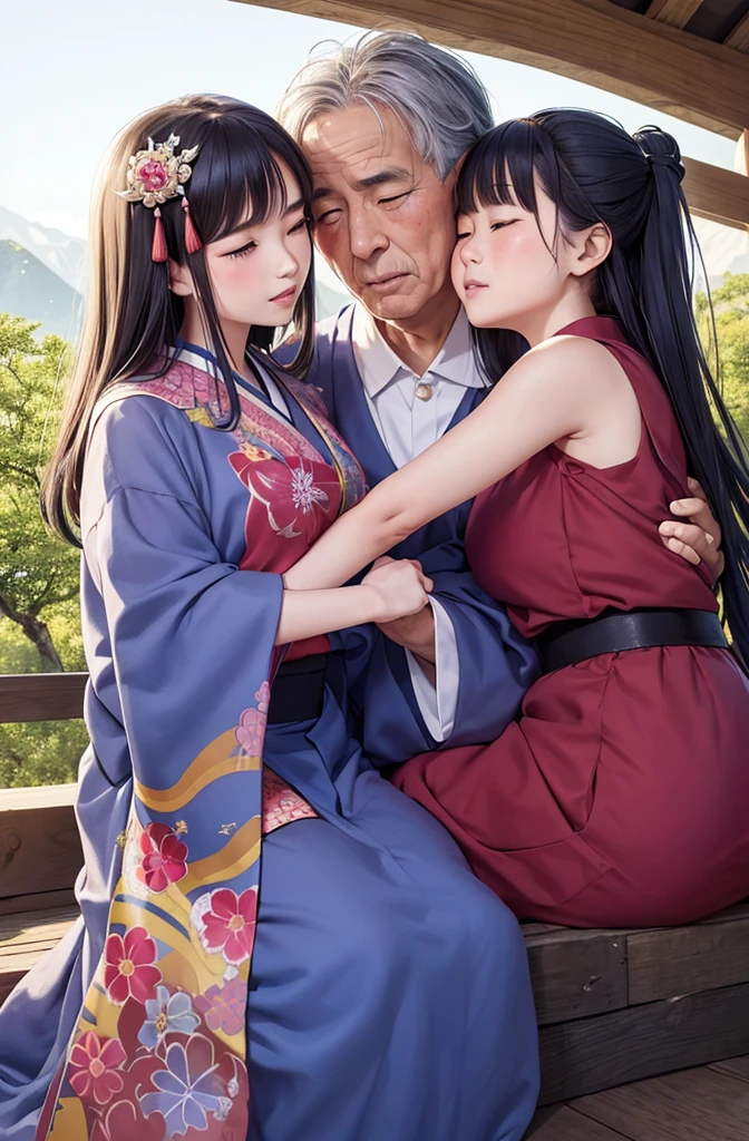 Japanese Folktales A beautiful princess and an old woman and grandfather The three of them are hugging each other and crying A feeling that something terrible is going to happen god々The era of Deep in the mountains