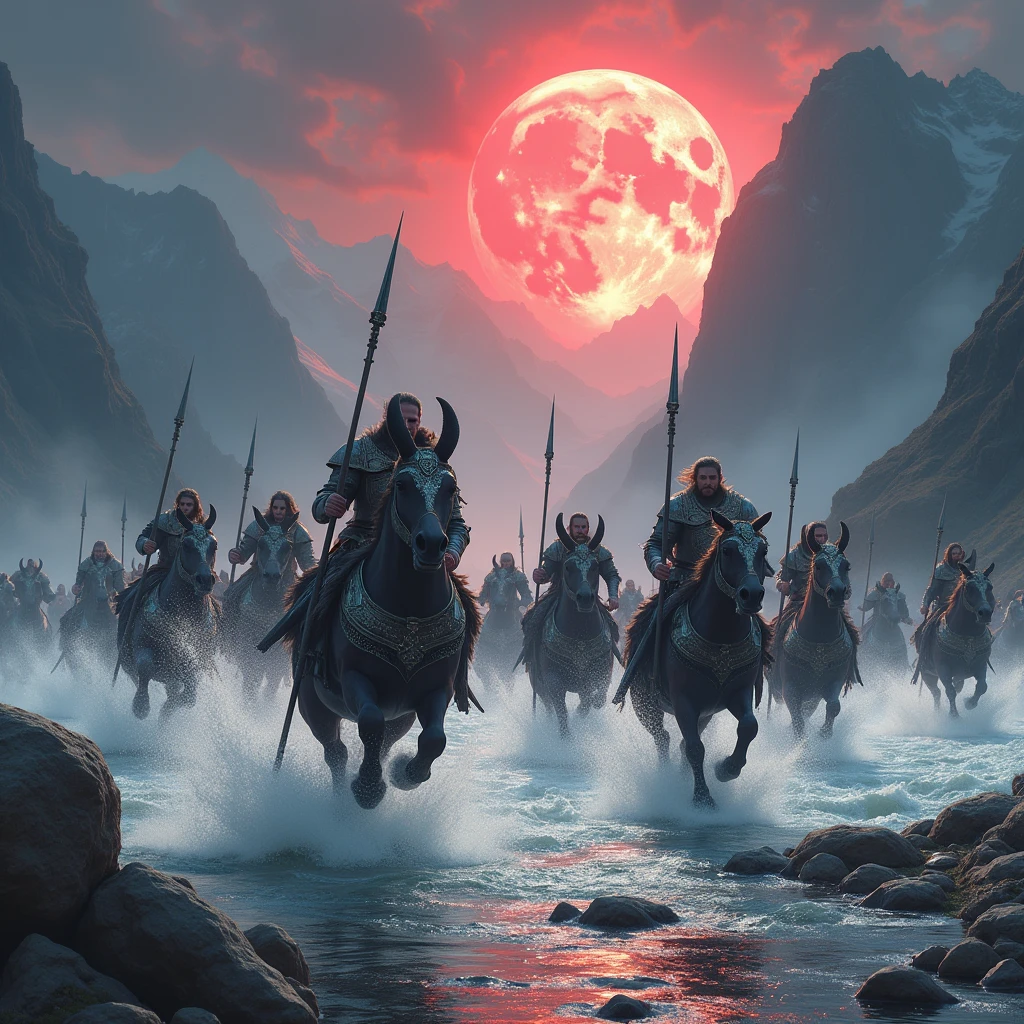 Many Centaurs Dressed in Armor and Spear-Swords, Running across the River, cinema, On the Other Side of the River There Are Many Orc Monsters, The Spectacular Fight Begins, Epic scene, Mountains, fog, Raging River, beautiful colors, Stones in Water, clear detail, Water splashes fly, the wind blows your hair, Centaurs Girls and Guys 28-30 Years, A clear, well-developed picture. All according to the words of the author., A game of shadows, Red Moon with Black Iridescence Shines on Earth, Very Large Wide Background,