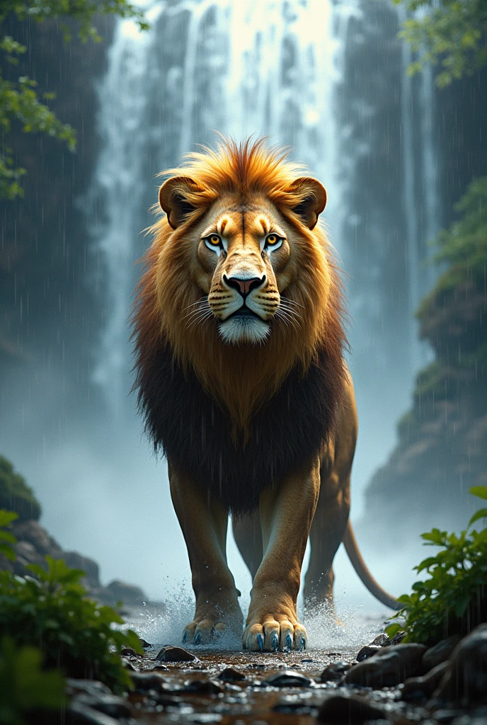 Lion in rain waterfol