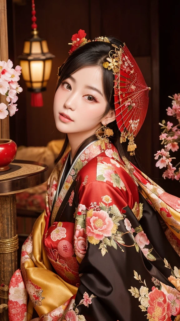"Create a hyper-realistic and dramatic scene in 1080x1920 resolution featuring a traditional Japanese courtesan (Oiran) in a luxurious setting. The courtesan should be dressed in an elaborate kimono with intricate patterns, including red, gold, and black colors. She is posed gracefully, holding a red parasol, with a delicate and thoughtful expression on her face. Her hairstyle is ornate, adorned with traditional hairpins and flowers. The setting includes a richly decorated room with a soft, warm lighting that highlights the vibrant colors of her attire and the textures around her. Cherry blossom branches and a traditional red lantern add to the scene’s authentic and serene atmosphere. The overall mood should be elegant and mysterious, capturing the beauty and tradition of Japanese culture."