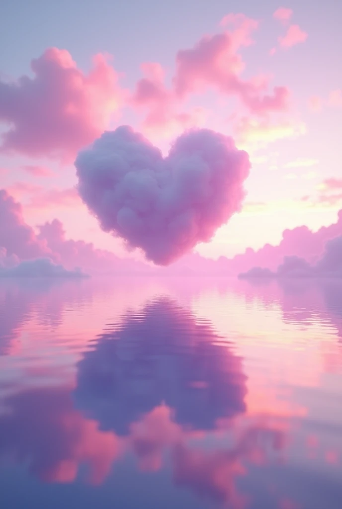 「Floating in the pink and purple gradient sky々Heart cloud of the perfect size、A fantastic view reflected on the lake surface」4K、high resolution