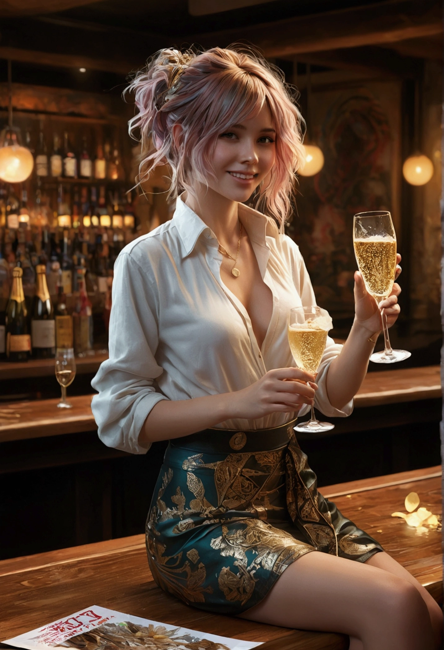 Girl in stylish urban clothing with champagne in bar, , fall down, Messy hair, Smile, whole body, Beautiful anime waifu style girl, Too detailede Malerei, Light Theory, Concept art by Carne Griffiths and Wadim Kashin, 4K resolution, Fractal isometric detail bioluminescence , 3D Rendering, Octane Rendering, Intricate details , Movie-like, Hot topics on artstation Isometrisch Zentriert hyperrealistisches Titelbild genial vollfarbig, Hand Painted , brave, Realism Mucha , Goal Definition , Movie-like, On paper, Ethereal Background, Abstract Beauty,Standing, Nearly perfect, Pure form, gold cut, Minimalism, unfinished, Concept map, author：Brian Flood、Kahn Griffiths、Vadim Kashin、John William Waterhouse, Intricate details, 8K Post-production, high resolution, Too detailed, Hot topics on artstation, Sharp focus, Photography Studio, Intricate details, Very detailed, author：Greg Rutkowski