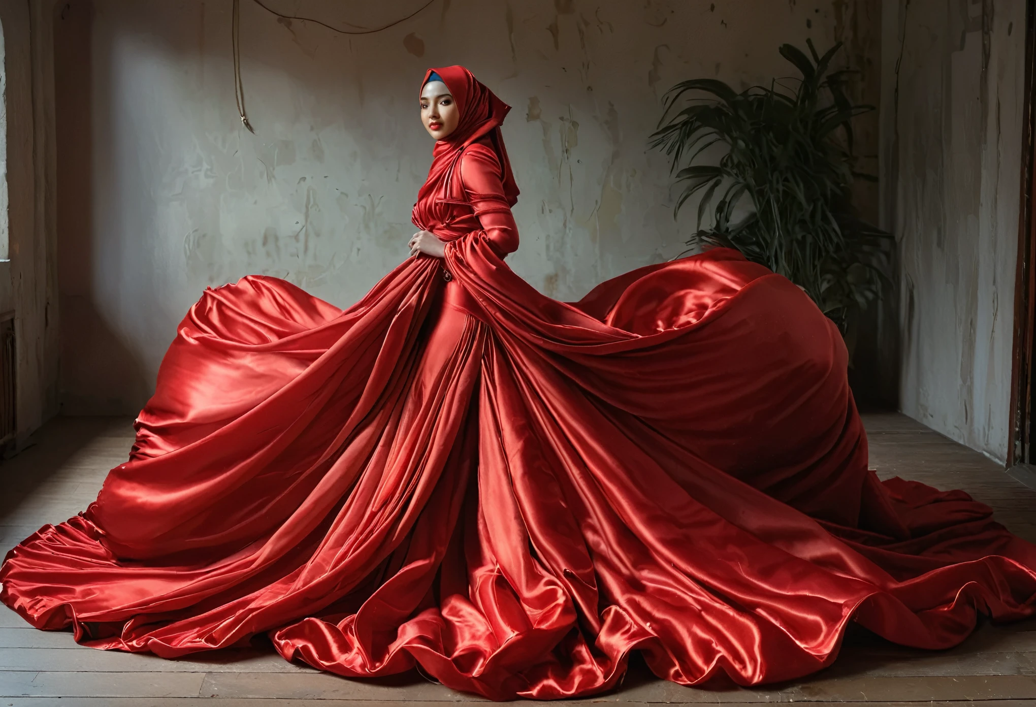 A woman shrouded in a 10-meter-long, plush red satin cloth, ballon sleeves, tightly bound and grandly draping along the form of her body, flowing off into a pooled floor-length train, styled in a mermaid-inspired outfit, her head modestly veiled in a satin hijab, 175 height woman, walk in photo studio, a full-body pose conveying a sense of elegance, captured in a 4k resolution, ultra-realistic