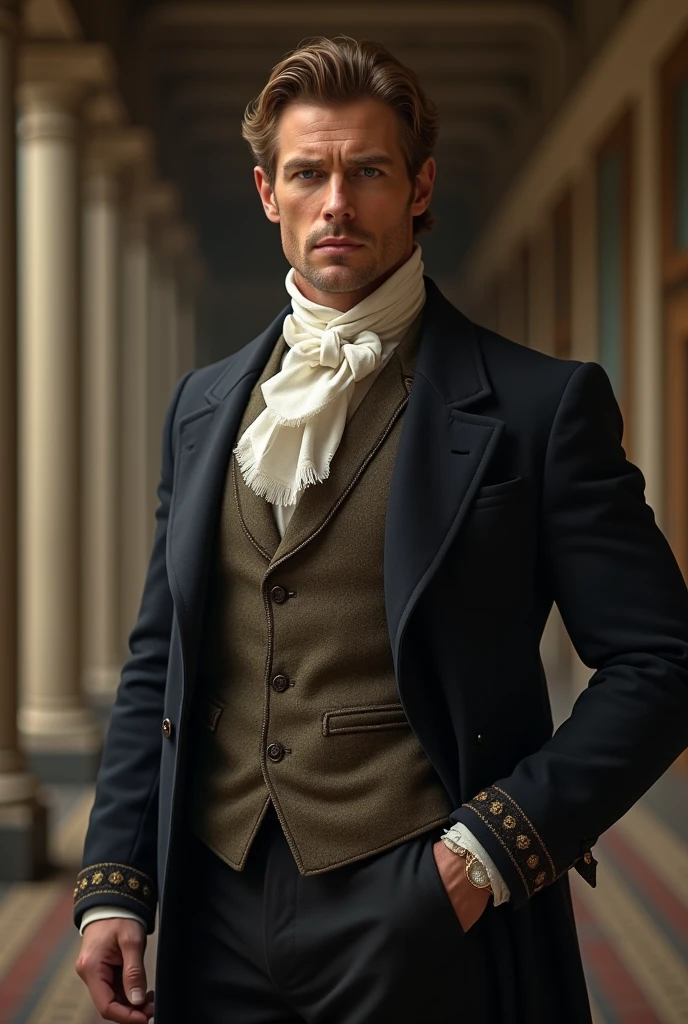 A handsome 3 British man Light brown Tall Muscular Looks like Alan Ritschon From the 1800's