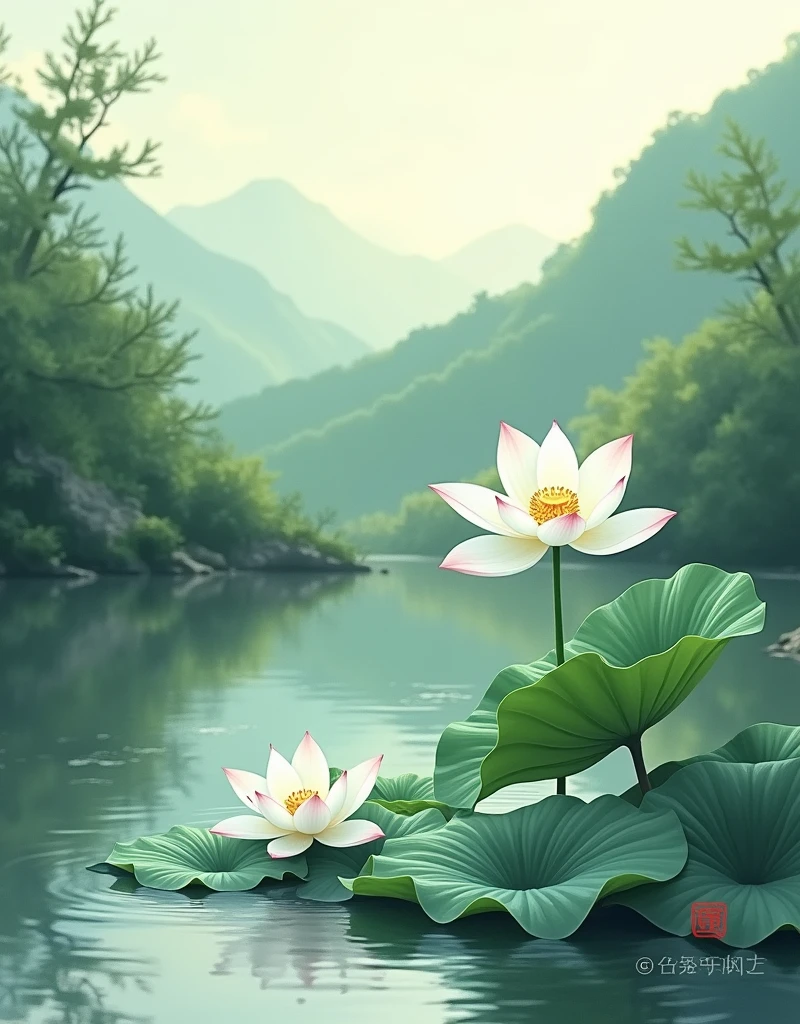 Chinese style white lotus landscape