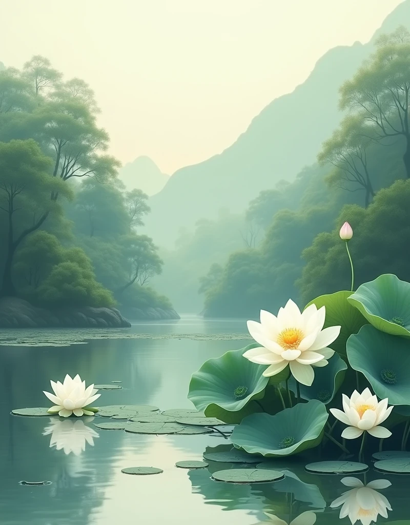 Chinese style white lotus landscape