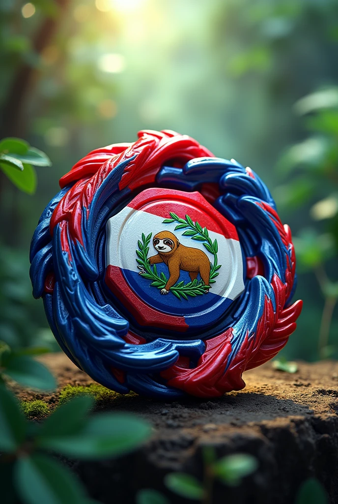 A beyblade with the colors of the Costa Rican flag and the symbol is the sloth animal