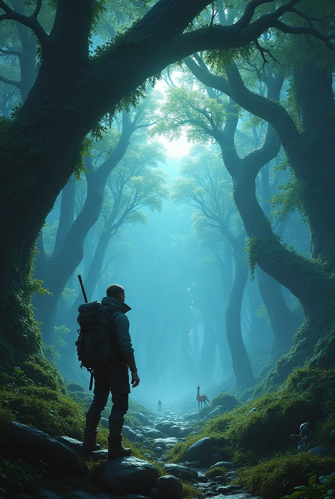 A lone adventurer stumbles upon a hidden clearing within a mystical forest, bathed in ethereal moonlight. Towering trees with glowing leaves arch overhead, and fantastical creatures peek from behind moss-covered rocks, --v 6 --quality 2, make it looks original and in cinematic style, don't do it in animation style. 