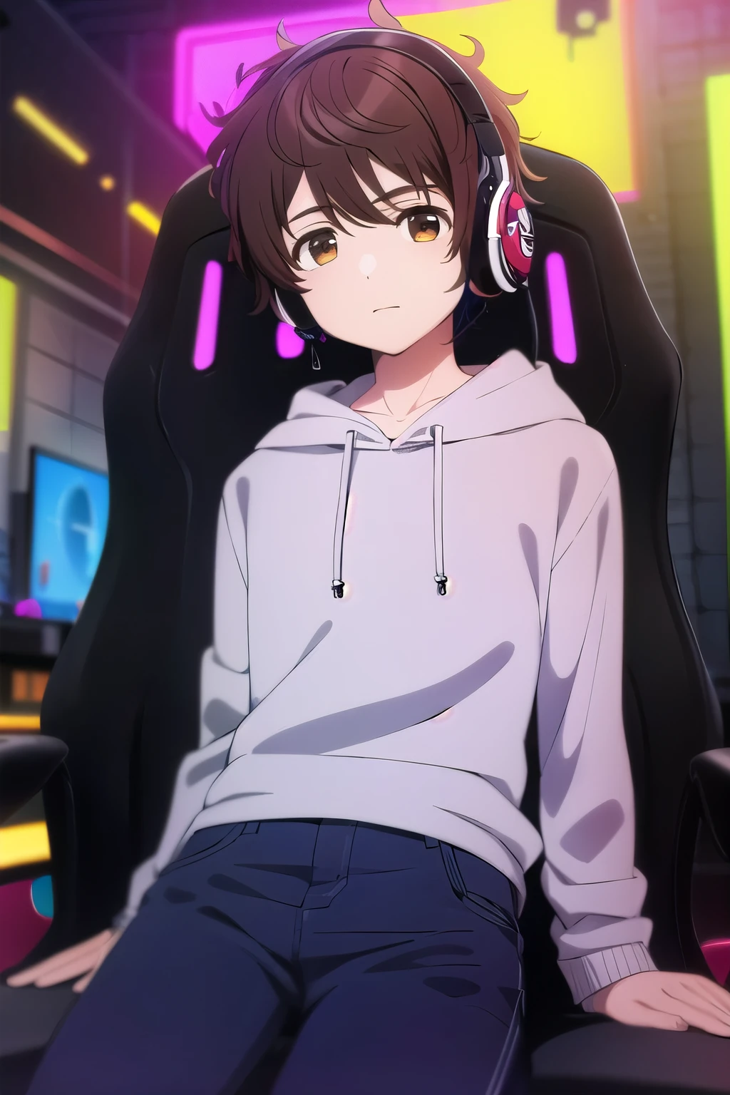 photorealistic, (4k), depth of field, (Masterpiece), (realistic skin texture), extremely detailed, intricate, hyper detailed, high resolution, professional photography, , depth of field, sharp detail, best quality, , 1boy, solo, male focus, shun_tokinoya, brown hair, brown eyes, , bangs, , , Fiesta, HD, Con Auriculares, sudadera roja, cuerpo completo, pantalon negro, tenis converse, Dj, Fiesta de Electronica.
