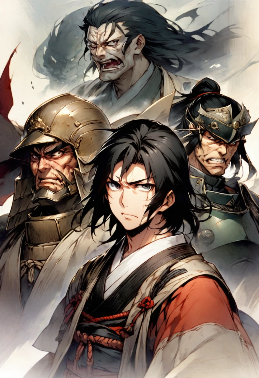 Famous generals of the Sengoku period、Sanada Yukimura。Age: late 30s to early 40s、With a firm face、Characterized by deep wrinkles。Eyes are sharp、With a determined look、The black hair is neatly arranged。His face bears the scars of battle、There is a noticeable stiffness especially in the jaw.。A head shot with traditional samurai armor visible in the background.